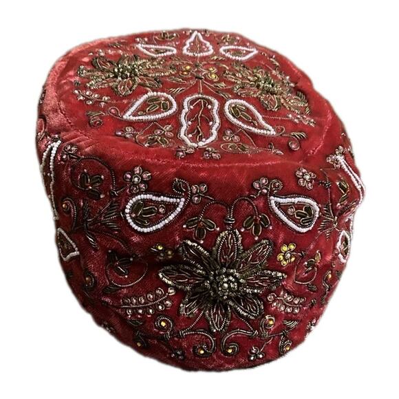 Evelyn Varon Velvet Beaded Pillbox Hat 1950s Cocktail Turban Floral Union Vtg - Picture 10 of 15